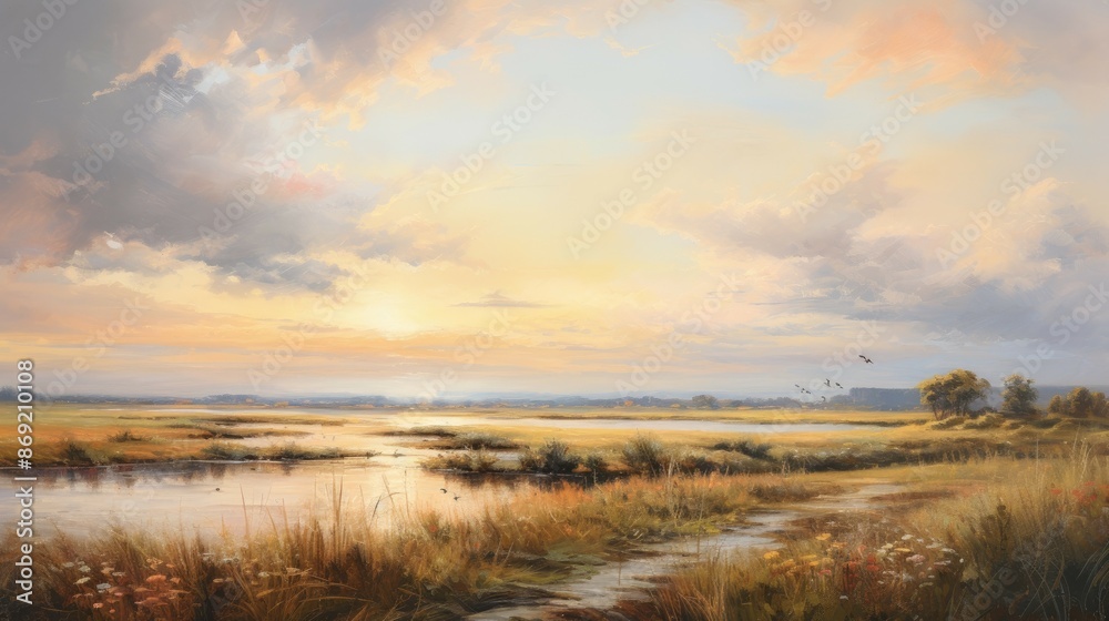 The painting is in a realistic style and depicts a wide river on a calm summer evening. The painting is in a realistic style and depicts a wide river on a calm summer evening.