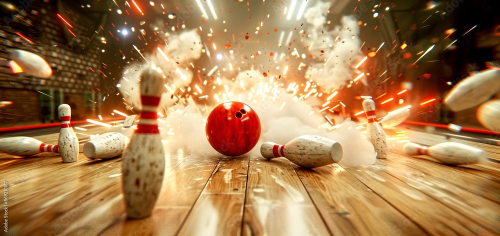 Pins Exploding Exciting Bowling Strike Moment in Action. Exploding Bowling Pins and ...