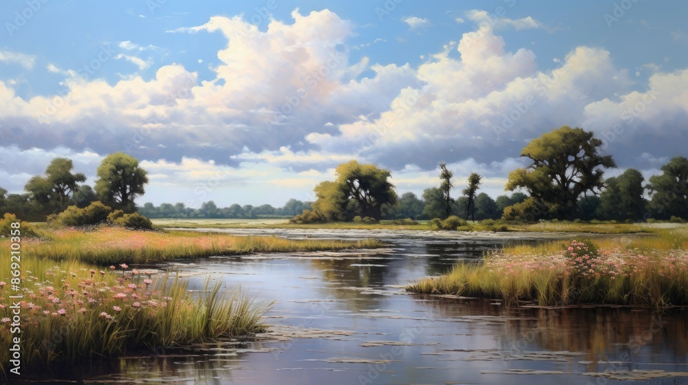 Amazing landscape with beautiful blue sky and white clouds over the calm river. Green trees and pink flowers on the shore.