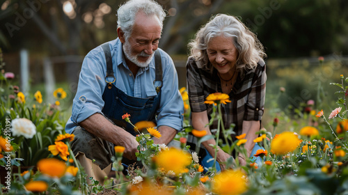 Fototapeta Naklejka Na Ścianę i Meble -  Senior couple gardening and planting flowers in their backyard Stock Photo with copy space