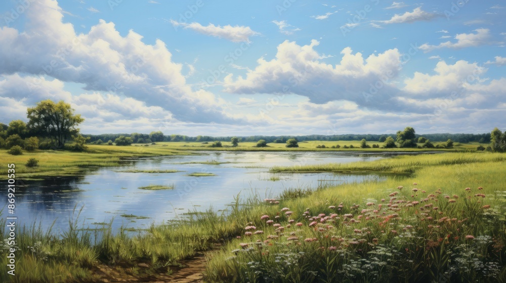 Amazing landscape with beautiful lake and green field under cloudy blue sky. Amazing landscape with beautiful lake and green field under cloudy blue sky.
