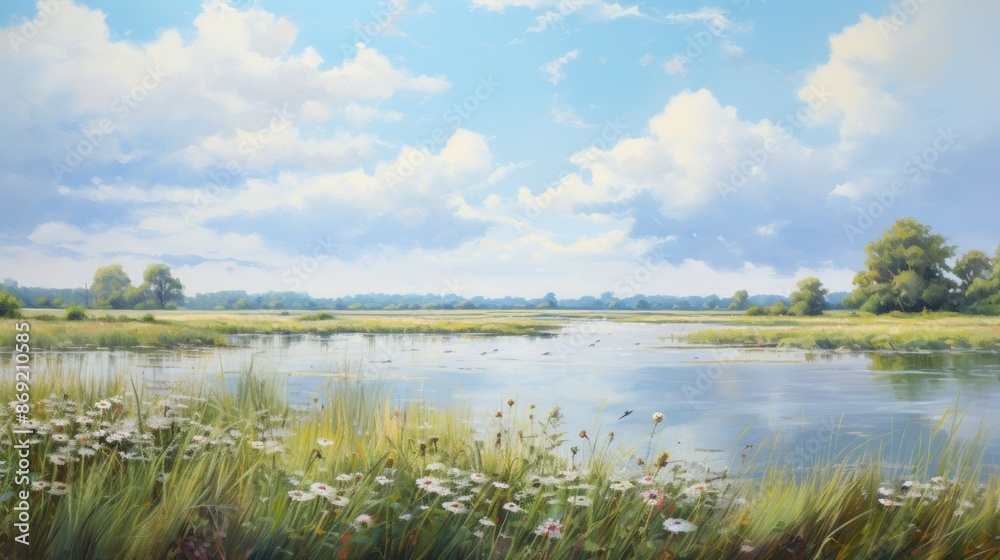 The image is of a beautiful summer day in the countryside. The sky is blue and dotted with white clouds, and the sun is shining brightly. The image is of a beautiful summer day in the countryside. The sky is blue and dotted with white clouds, and the sun is shining brightly.