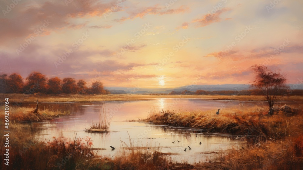 Amazing sunset over calm lake. Pink and yellow sky with orange sun reflecting off water. Green and yellow trees line shore. Amazing sunset over calm lake. Pink and yellow sky with orange sun reflecting off water. Green and yellow trees line shore.