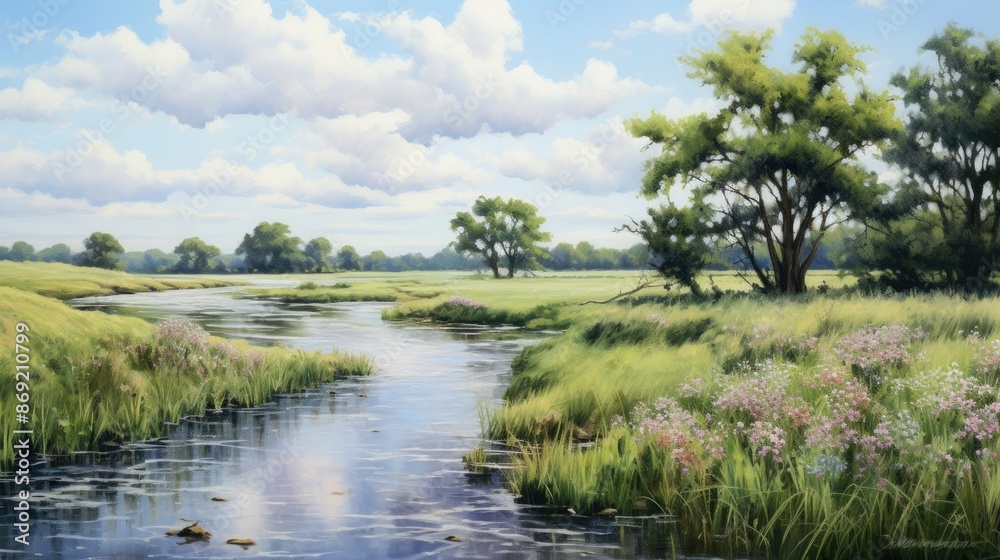 The painting is of a river running through a green field. The sky is blue and there are white clouds. The painting is of a river running through a green field. The sky is blue and there are white clouds.