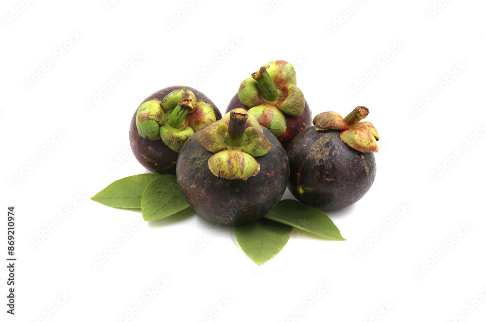 Fototapeta premium Fresh mangosteen and leaves on a white background
