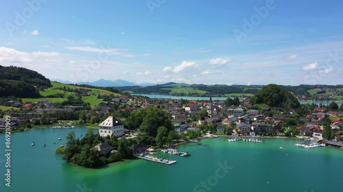 Aerial view of Mattsee village in Salzburg, Austria captured by drone photo