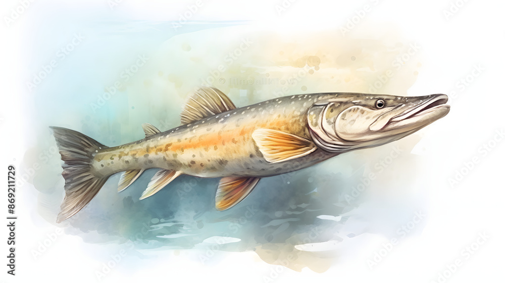 Fototapeta premium Pike under at sea Watercolor