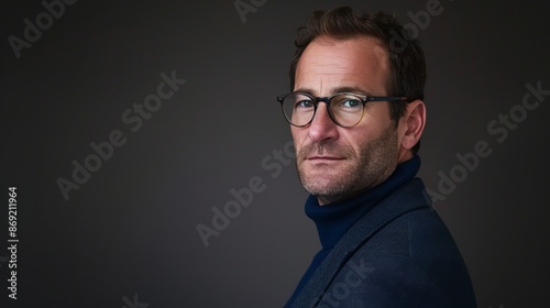 Portrait of a thoughtful middle-aged man wearing glasses. Dark background highlights the subject. Ideal for professional use in business, marketing, or editorial content. AI