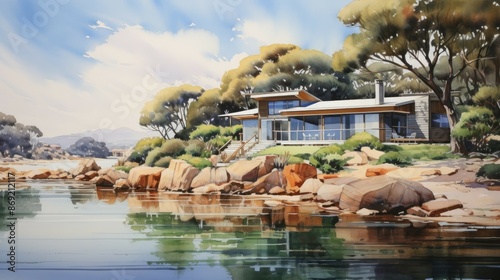 The image is a beautiful watercolor painting of a modern house on a lake. The house is surrounded by trees and has a large deck overlooking the water.