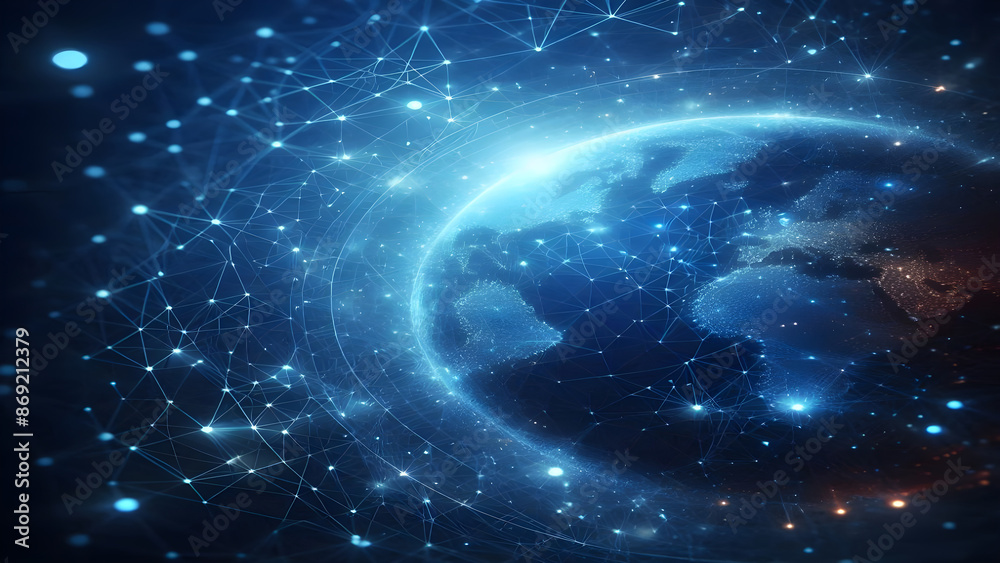 Obraz premium Blue abstract background with network grid and particles