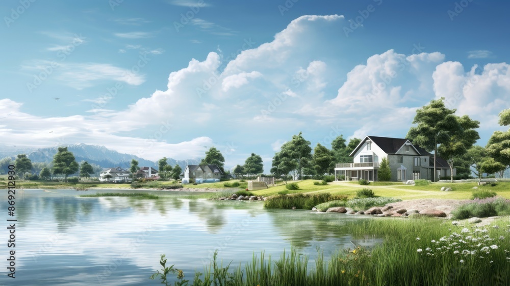 The image shows a beautiful lakeside community with several houses and a large lake. The houses are surrounded by trees and have large lawns. The image shows a beautiful lakeside community with several houses and a large lake. The houses are surrounded by trees and have large lawns.