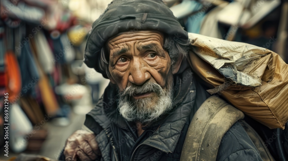 Weathered Face of a Street Scavenger Sifting Through Discarded Items with Calloused Hands Weathered Face of a Street Scavenger Sifting Through Discarded Items with Calloused Hands