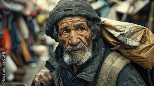 Weathered Face of a Street Scavenger Sifting Through Discarded Items with Calloused Hands © Varunee