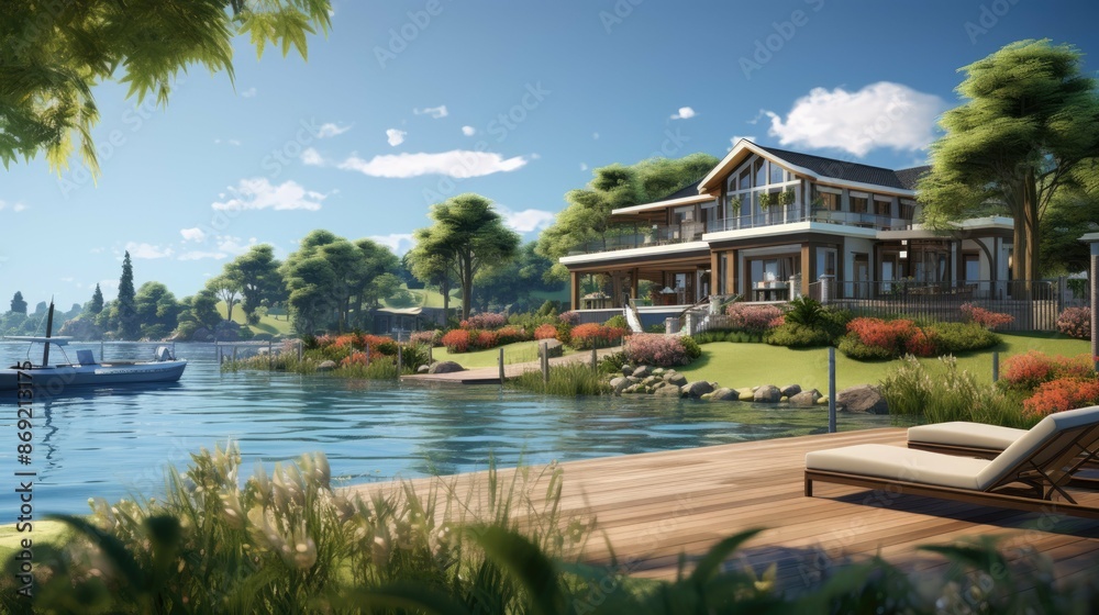 The beautiful lakeside house is surrounded by lush greenery and has a private dock. The beautiful lakeside house is surrounded by lush greenery and has a private dock.