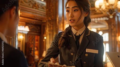 Attentive Hotel Concierge Assisting Foreign Guest in Opulent Lobby