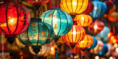 A vibrant display of colorful lanterns hanging in a marketplace, illuminating the area with their warm glow. © Jane_S