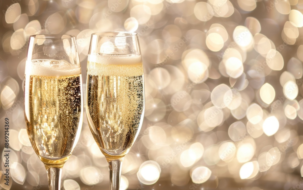 Champagne flutes with golden bubbles against a sparkling background Champagne flutes with golden bubbles against a sparkling background