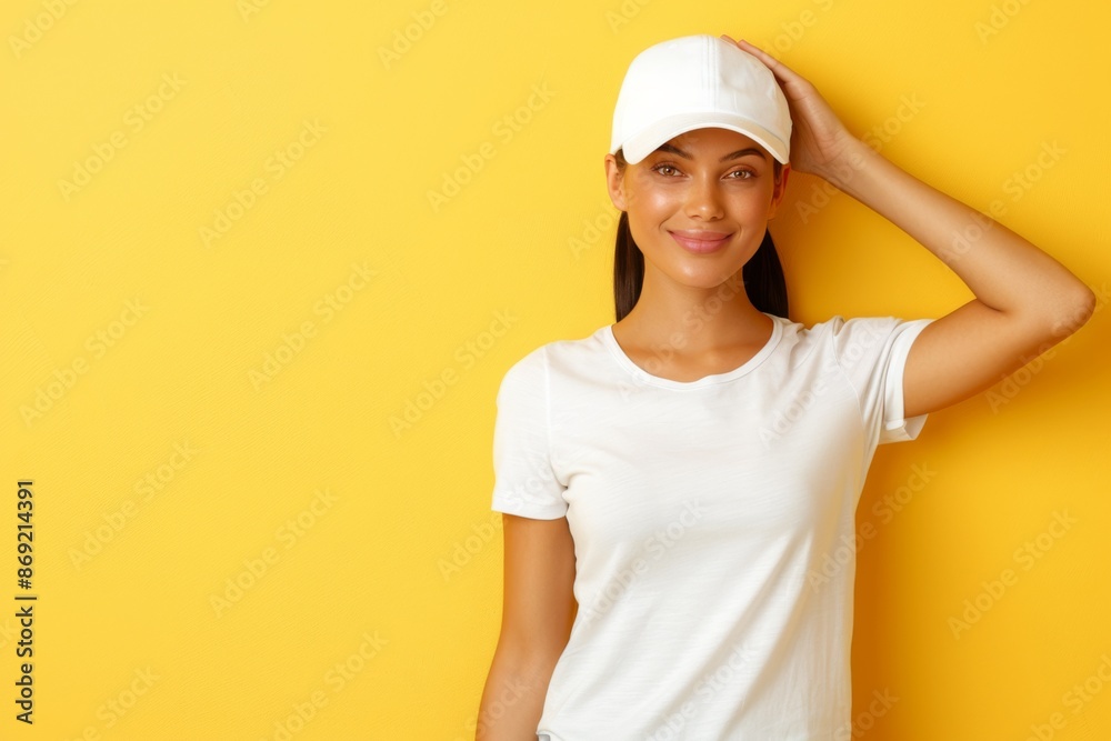 Smiling Young African American Woman Wearing White T-shirt and Cap on Yellow Background