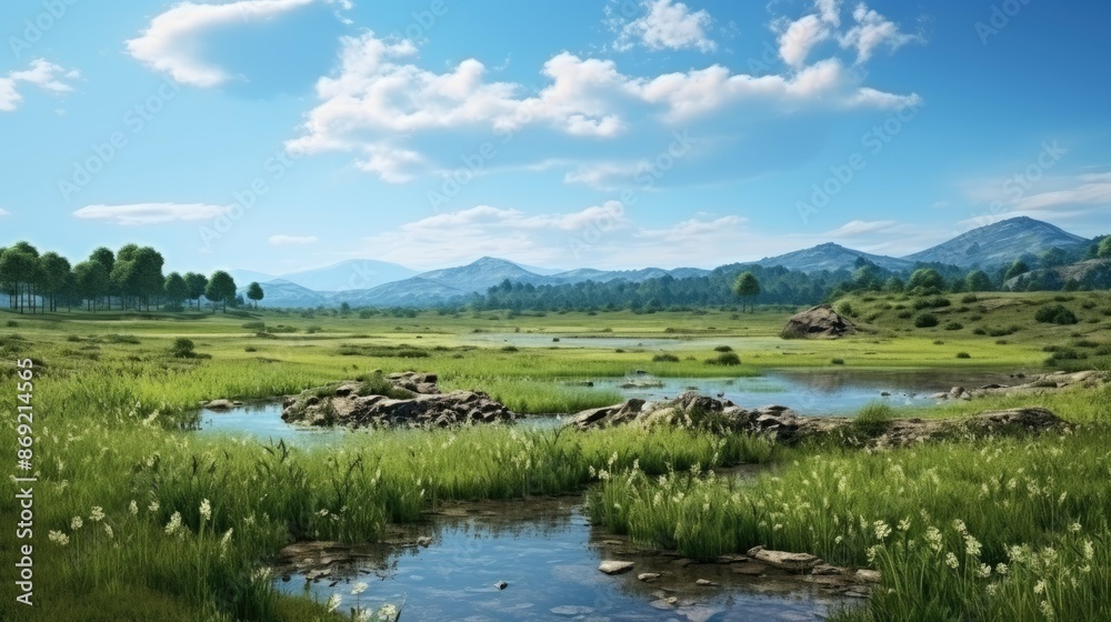 The image is of a beautiful landscape with a pond in the foreground, and a mountain range in the background. The image is of a beautiful landscape with a pond in the foreground, and a mountain range in the background.