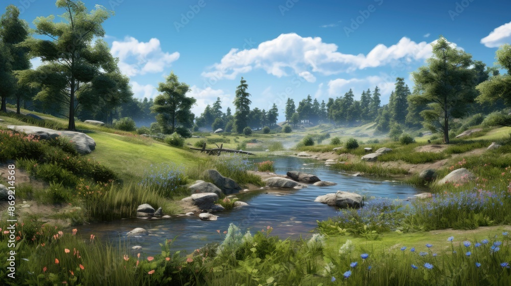 A beautiful landscape with a river running through it. The river is surrounded by green hills and trees, and there are flowers blooming on the banks. A beautiful landscape with a river running through it. The river is surrounded by green hills and trees, and there are flowers blooming on the banks.