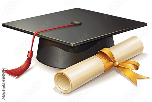 Graduation cap and diploma, education sign, isolated on white background