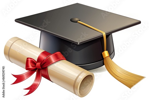 Graduation cap and diploma, education sign, isolated on white background