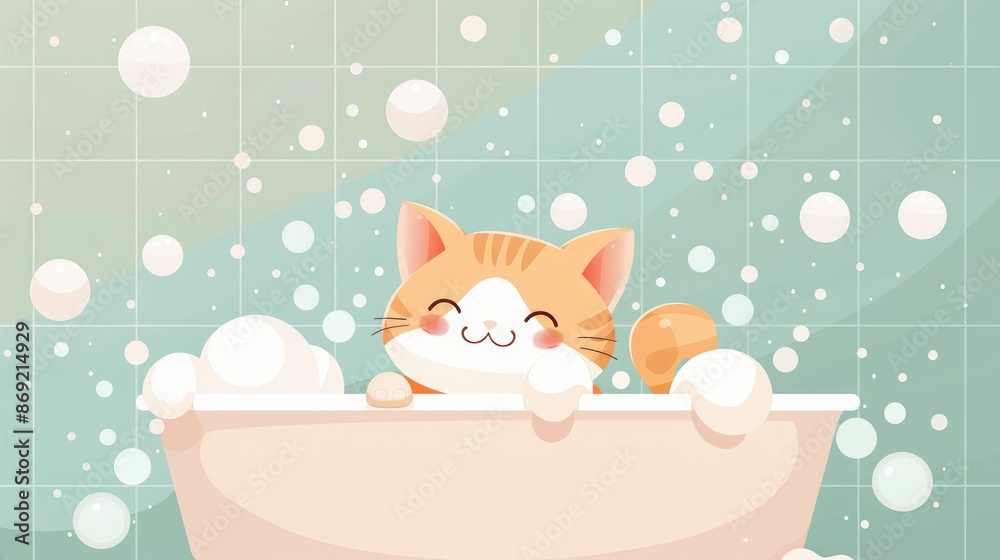 Cute cartoon cat in a bathtub with bubbles. Adorable kitty enjoying a bath time. Cheerful and playful illustration. Cute cartoon cat in a bathtub with bubbles. Adorable kitty enjoying a bath time. Cheerful and playful illustration.
