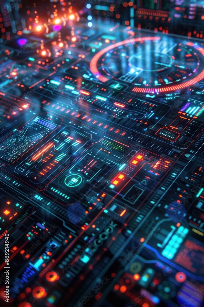 Futuristic glowing interface with data elements