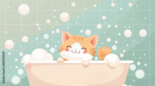 Cute cartoon cat in a bathtub with bubbles. Adorable kitty enjoying a bath time. Cheerful and playful illustration. photo