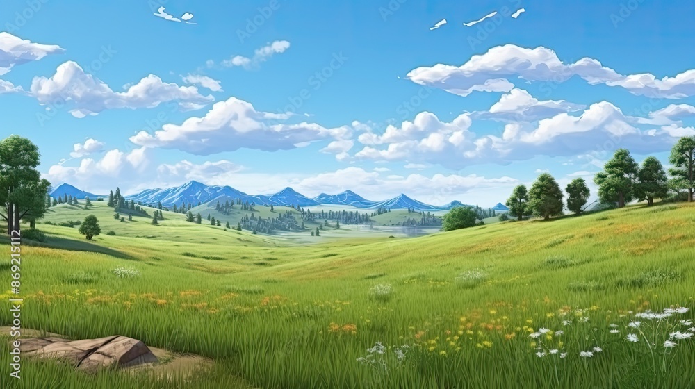 Fototapeta premium The image shows a beautiful landscape with green hills and mountains in the distance. The sky is blue and there are some clouds in the sky.