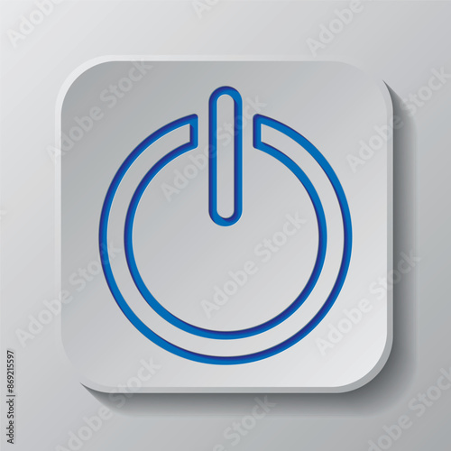 Shut down simple icon vector. Flat design. Paper cut design. Cutted blue symbol with shadow. Gray badge button, gray background