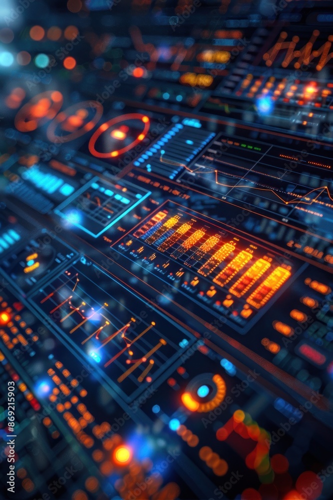 High-tech dashboard with glowing data displays. High-tech dashboard with glowing data displays.