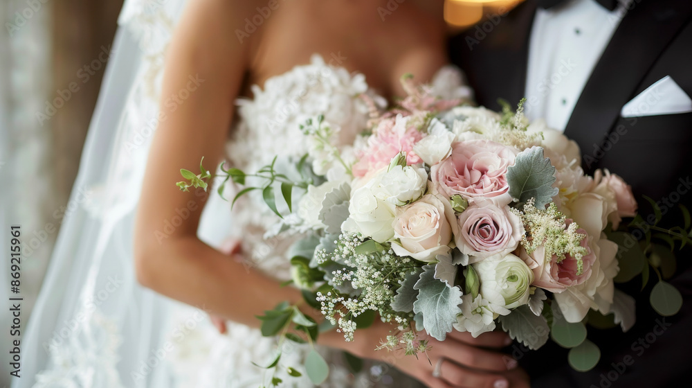 Naklejka premium Bride and Groom Holding Wedding Bouquet.
