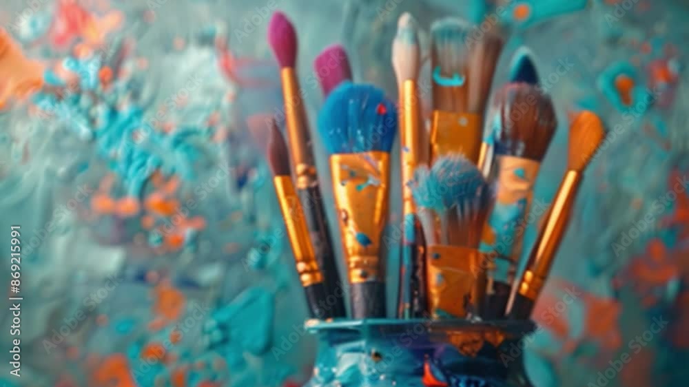 This Studio detail: paint brushes standing upright in a glass jar, waiting for the next stroke. This Studio detail: paint brushes standing upright in a glass jar, waiting for the next stroke.