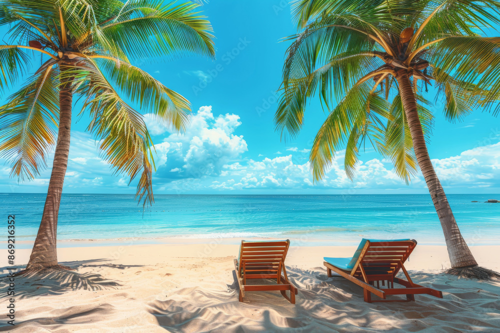 Two Empty Beach Chairs Beneath Palm Trees Two Empty Beach Chairs Beneath Palm Trees