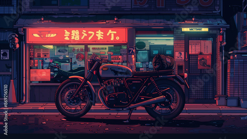 Retro Ride: Motorcycle Under the Neon Glow
