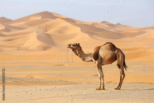 A one-humped camel stands in the desert among the dunes	 photo