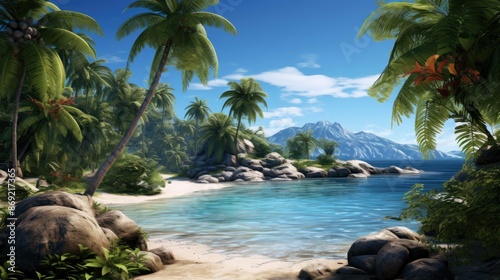 Amazing view of a tropical beach with white sand, palm trees and crystal clear water. The perfect place to relax and enjoy the sun.