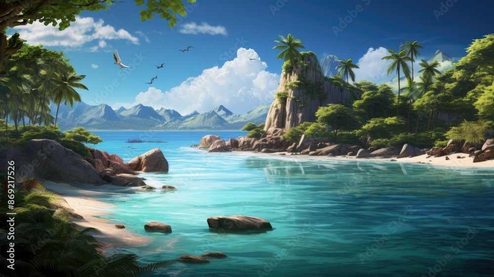 Obraz premium Amazing view of a tropical beach with crystal clear water, white sand, and lush green palm trees.