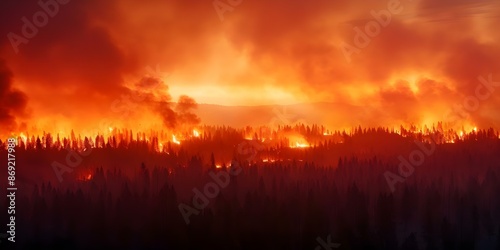 Detailed highdefinition photograph of a forest fire showing intense orang. Concept Forest Fire, High Definition, Intense Orange Flames, Natural Disaster, Environmental Impact