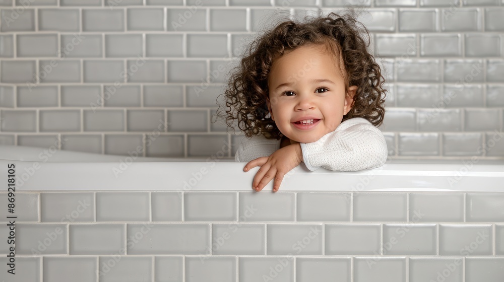 A young girl with dark brown curly hair rests her chin on her arms in front of a white tile wall. A young girl with dark brown curly hair rests her chin on her arms in front of a white tile wall.