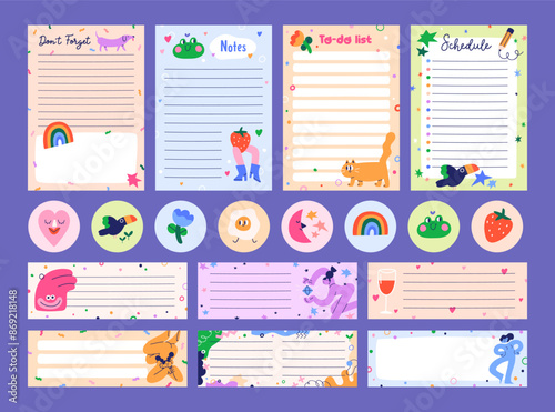 Paper sheet designs set. Notebook and diary blank pages for notes, schedule, to-do lists, funny round stickers. Vertical and horizontal templates with comic cute decorations. Flat vector illustrations