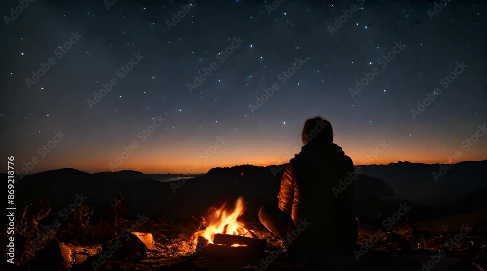 silhouette of a person in nature at night with beautiful constellations in the sky