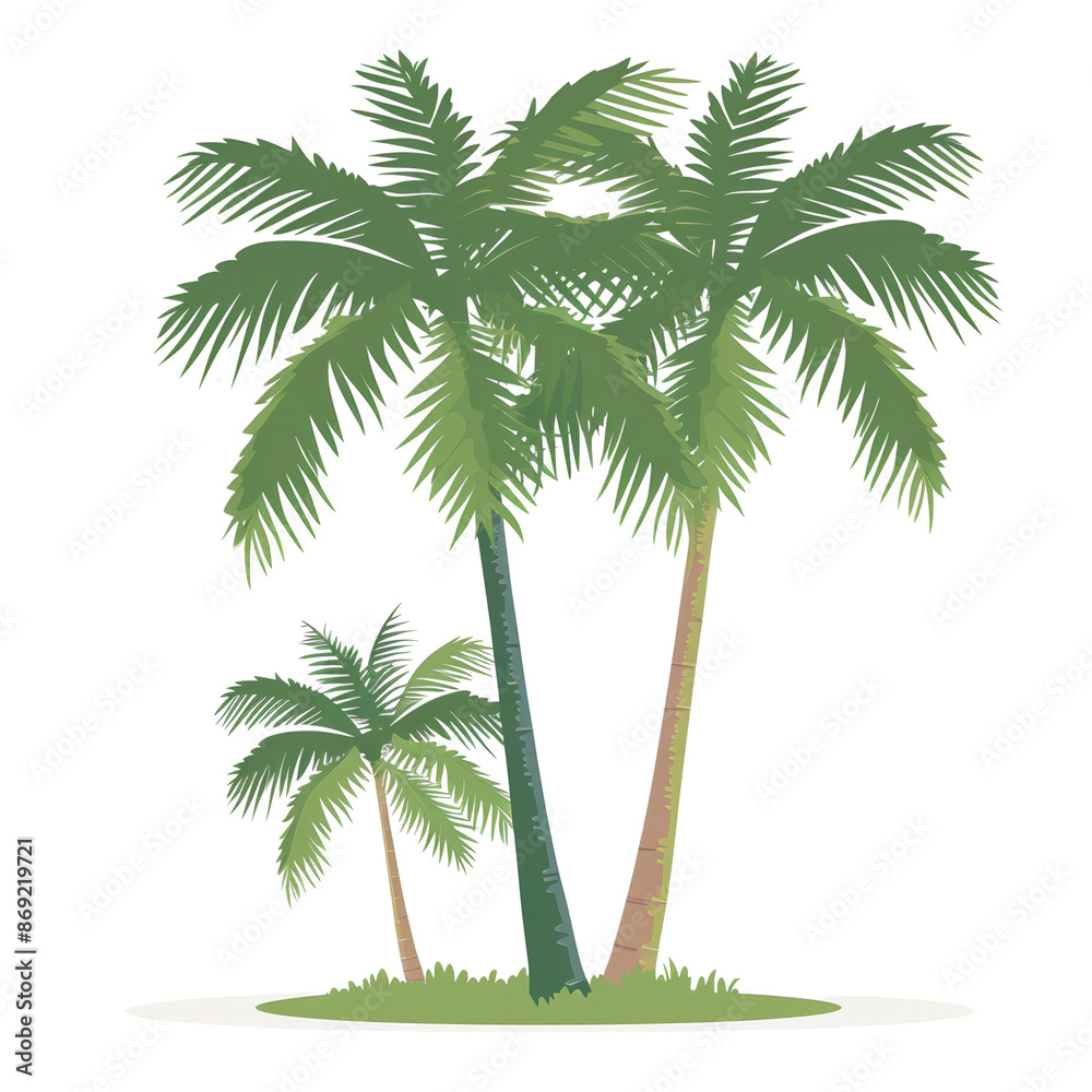 Fototapeta premium Illustration of tropical palm trees on a small grassy mound, perfect for themes of nature, tropical landscapes, and outdoor settings.
