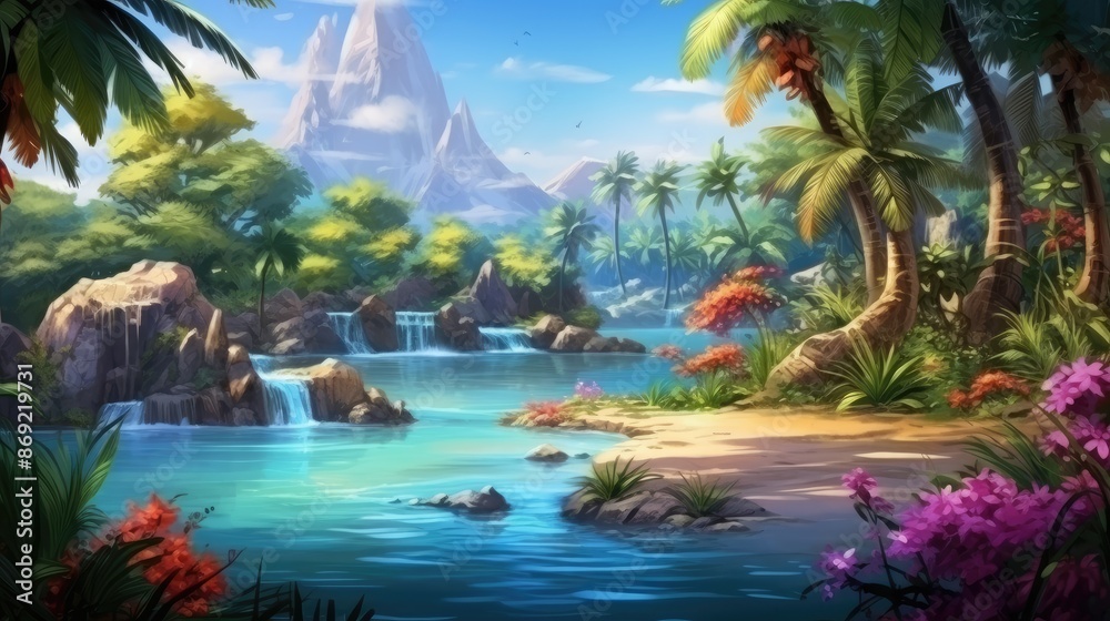 A beautiful landscape with a blue river running through it. A beautiful landscape with a blue river running through it.