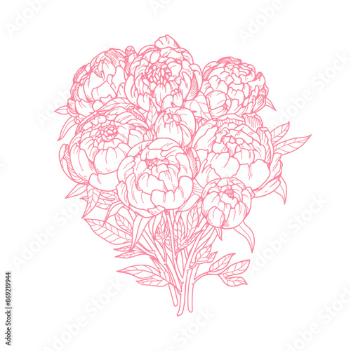 Flower bouquet, vintage engraved drawing. Outlined floral bunch. Blossoms, retro etching. Contoured sketch, garden blooms. Botanical hand-drawn vector illustration isolated on white background