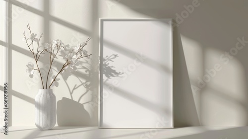 White paper mockup with spring flowers in vase. Space for wedding invitation poster design. © Mark