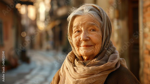 An old woman of European origin with deep wrinkles and a warm smile, with silver hair and clear eyes full of kindness and care.