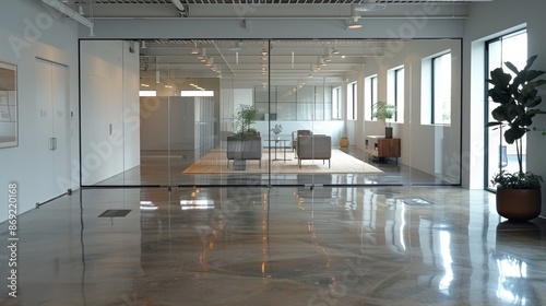 Expansive open-plan office with polished concrete floors reflecting overhead lighting. Glass partitions create transparent meeting spaces. Minimalist furniture and potted plants accent the space. 
