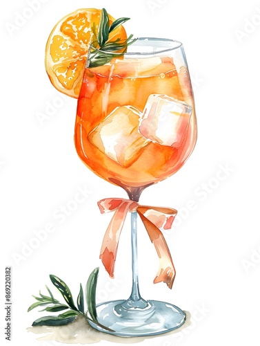 A watercolor illustration of an aperol spritz with a ribbon, Generative AI